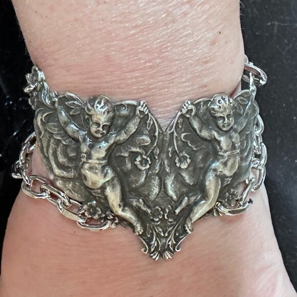 Cherub Chain Angel Bracelet Link Statement Cuff Putti Silver Baroque Rococo